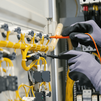 Commercial Electrical Contractor Electrical technician testing a new panel.
