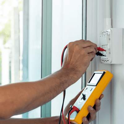 Electrician testing a wall outlet