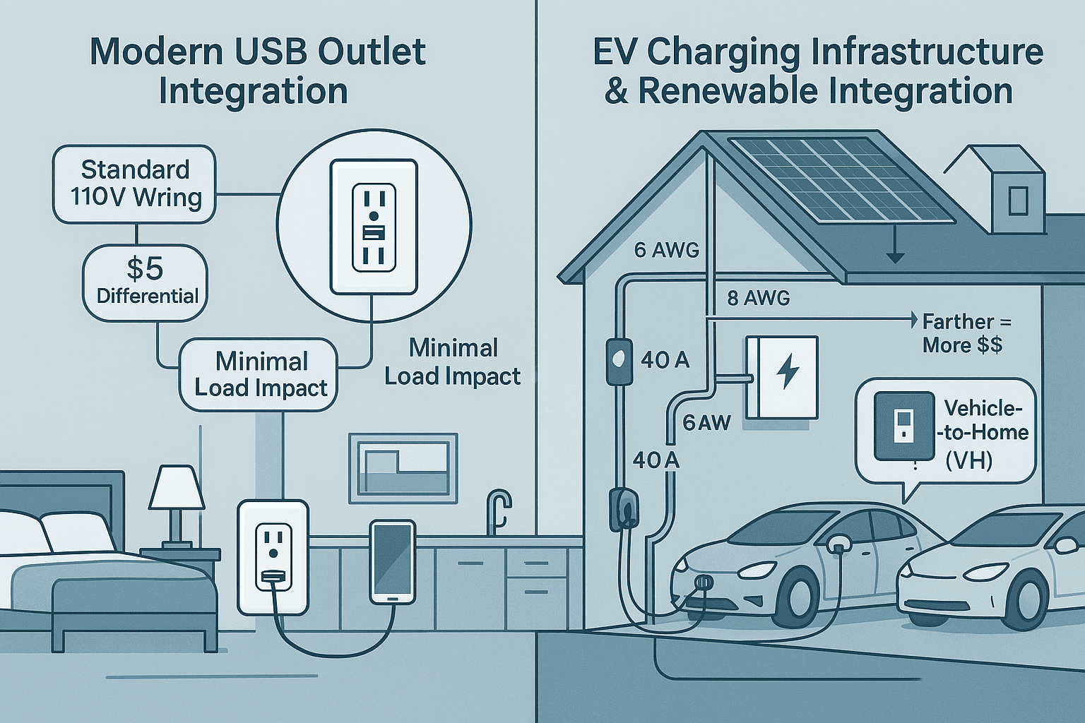Schematic style graphic of usb outlets and ev charging station